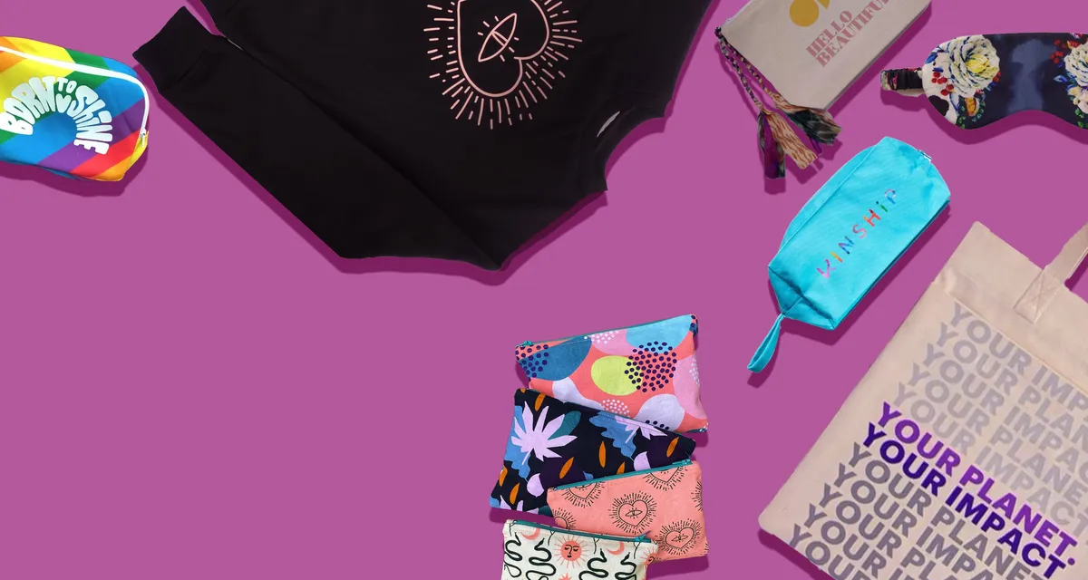 A collection of colorful custom bags and pouches made by Work+Shelter.